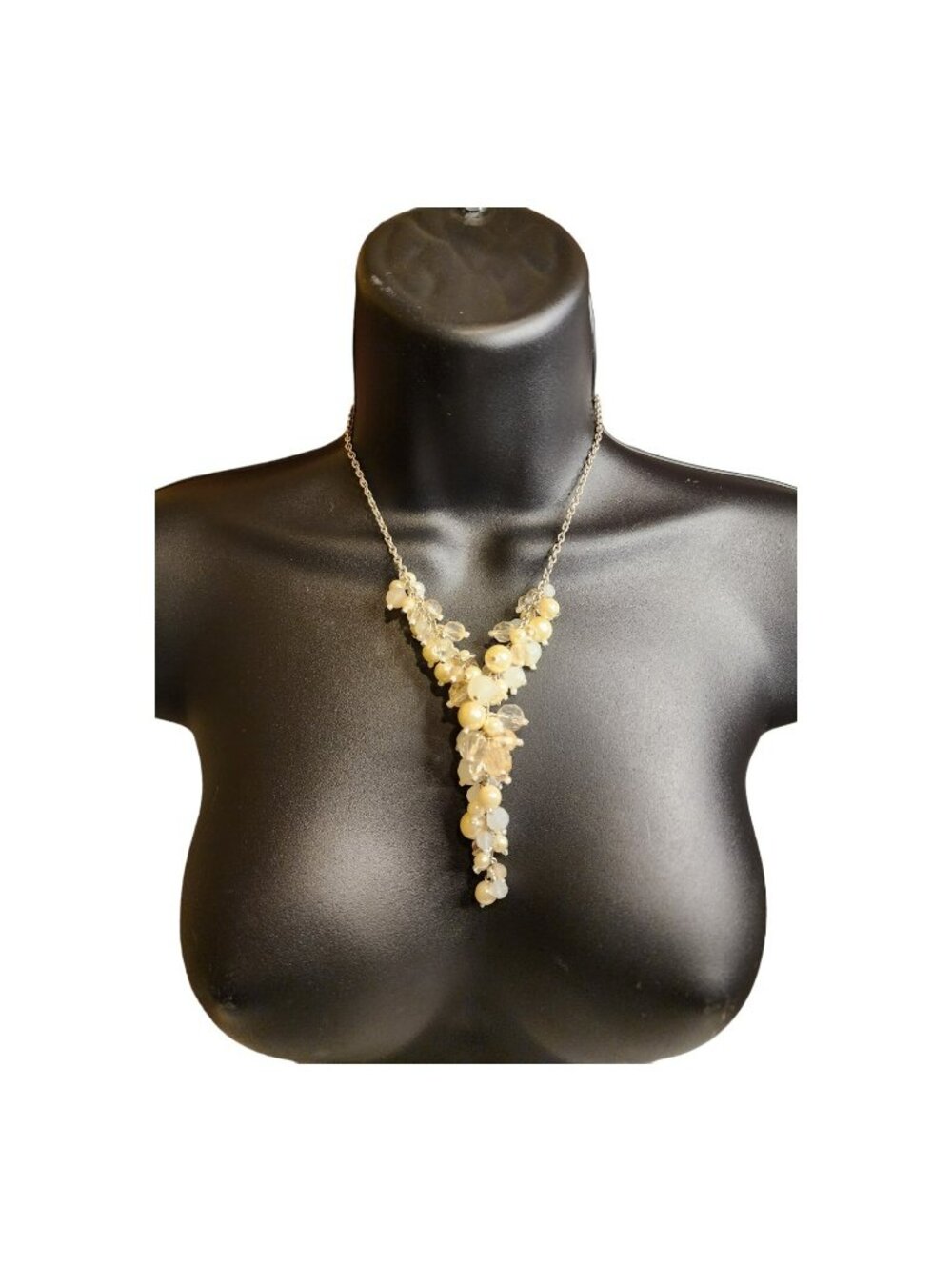 Vtg Y Drop Necklace Faceted Acrylic White & Clear Beads Faux Pearls Jewelry
